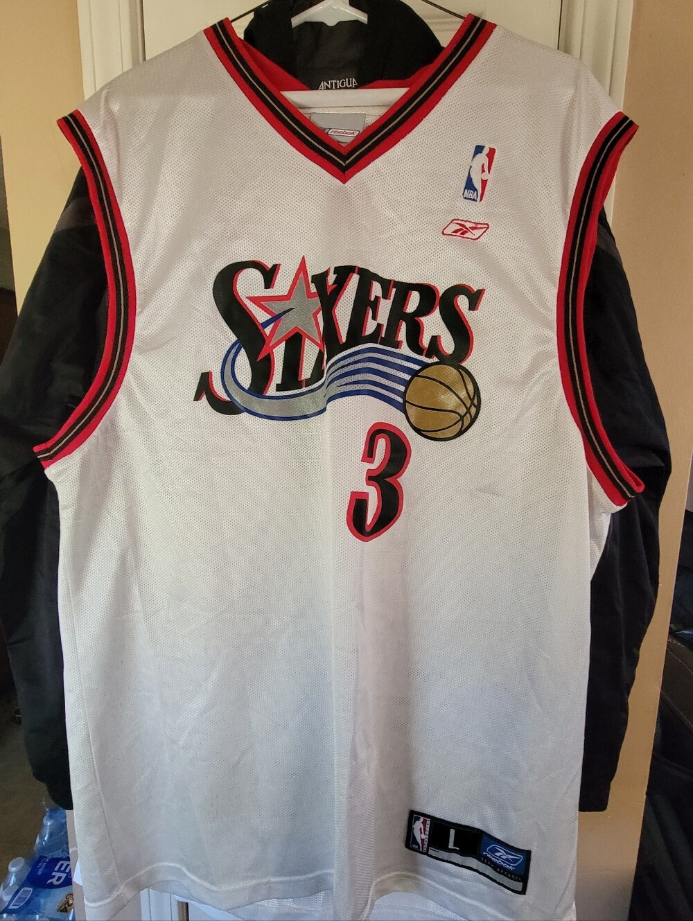 ALAN IVERSON Reebok White Sixers Jersey with Red and Black Trim - #3